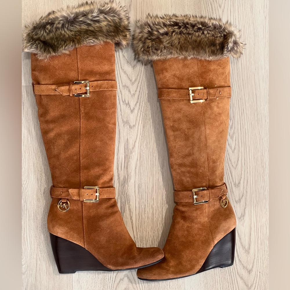 Michael Kors Brown Suede Knee-High Boots with Fur Trim